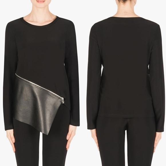 Joseph Ribkoff Faux Leather Tunic Size 10 Asymmetrical Zip Open Hem Long Sleeve - Picture 1 of 8